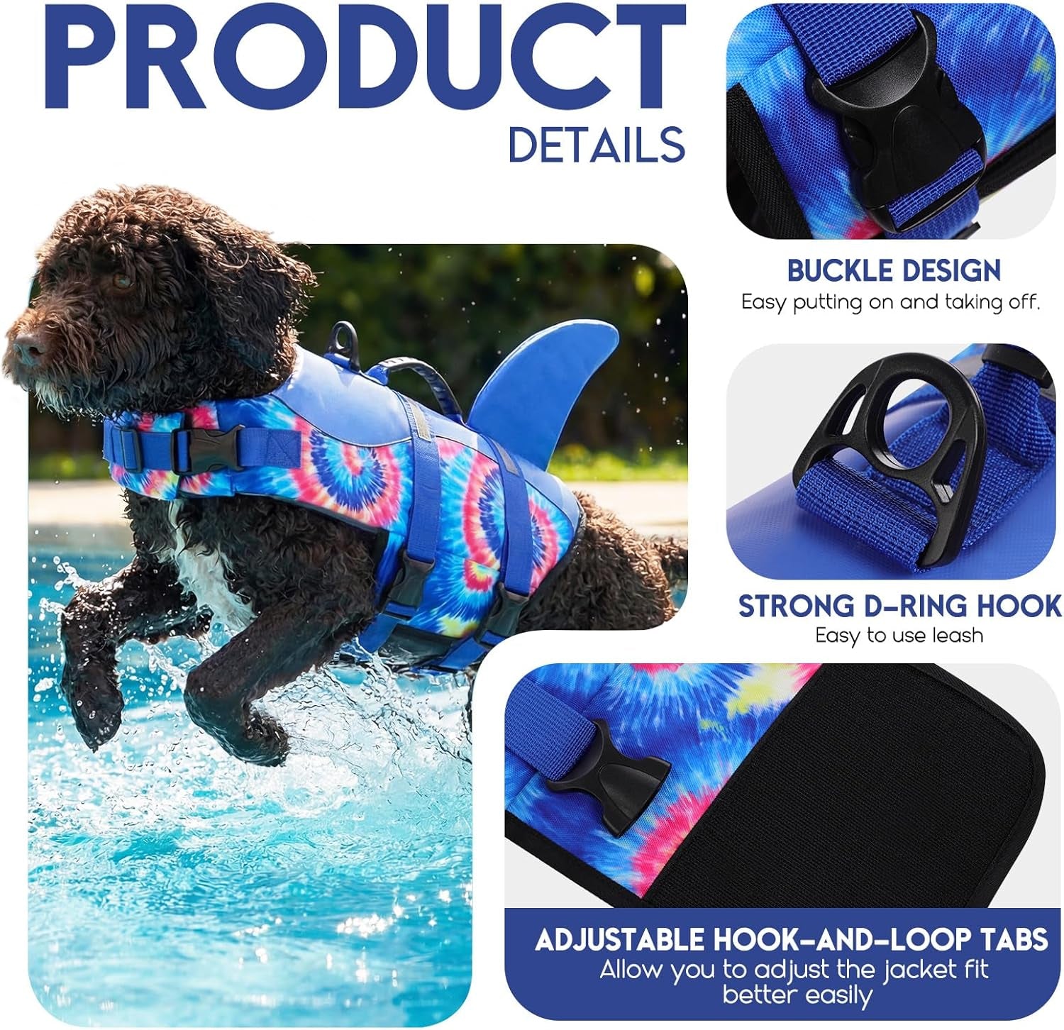 Dog Life Jacket - Pet Safety Vest for Swimming & Boating, Shark Life Jacket with Floatation, Dog Lifesavers Swimsuits for Small Medium Large Dogs (Blue Bandhnu, XS)