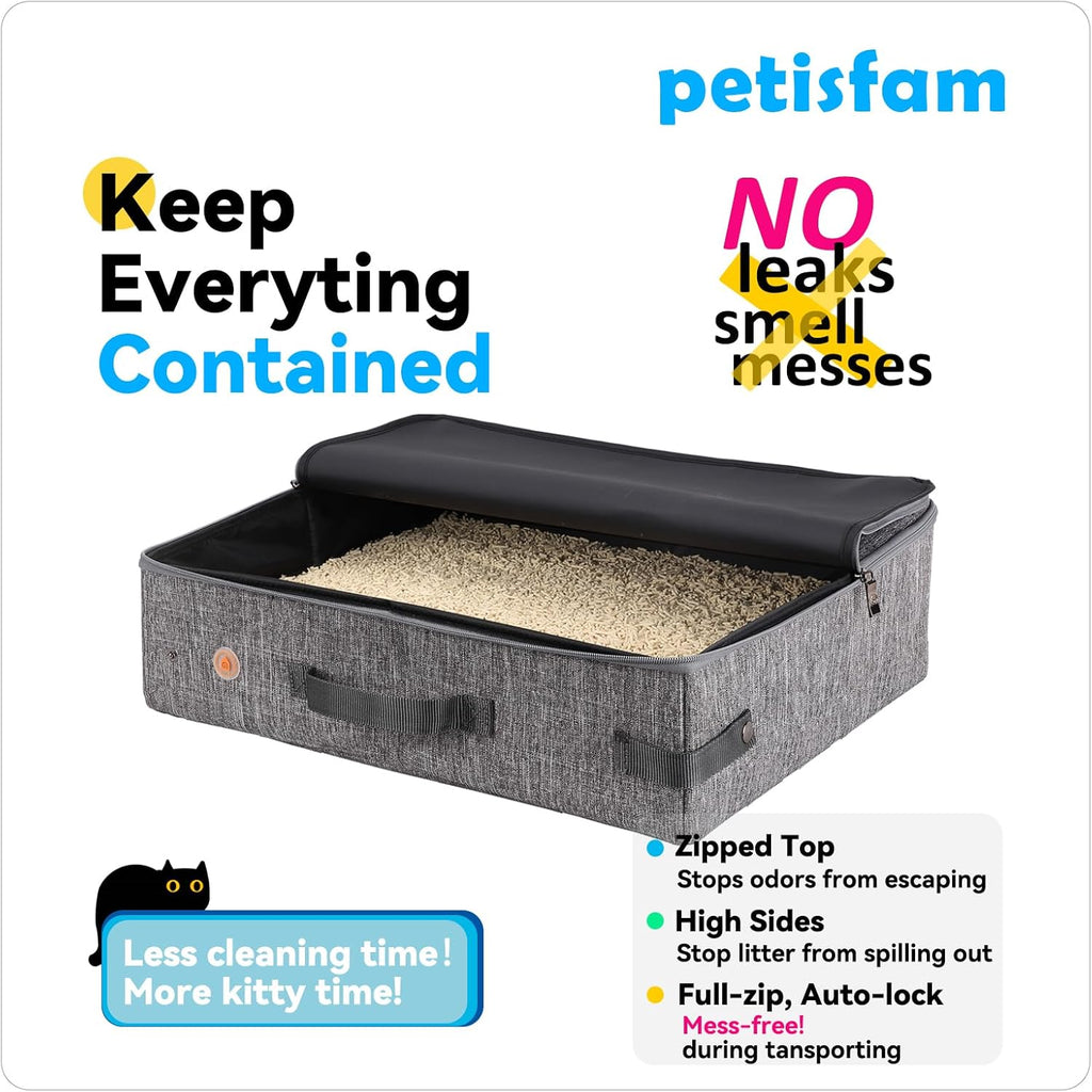 Portable Cat Travel Litter Box with Zipped Lid for Easy Containment and Convenience in Cars, Hotels, and Airplanes